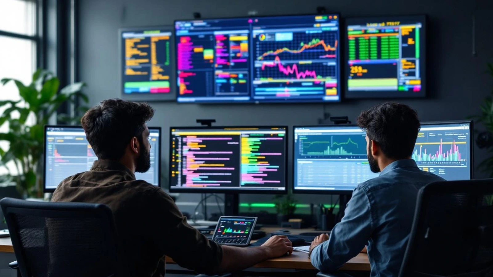 Quality assurance team monitoring software testing dashboards